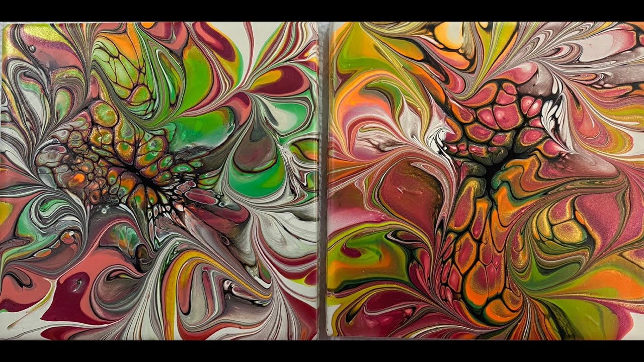 (1229)) Modified Bloom Technique on tiles, Acrylic Paint Pouring, Fluid