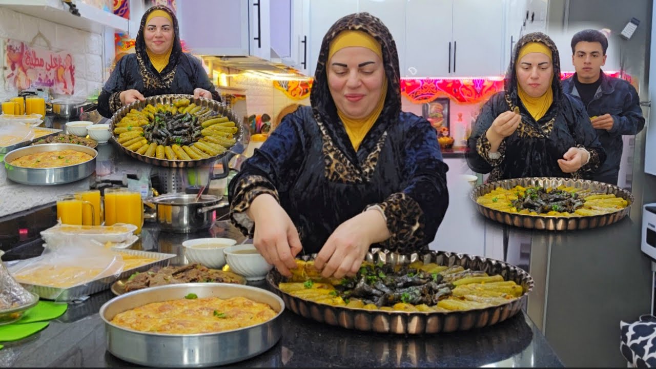 رشروشاوفطار رمضان🌙النهارده مختلف كله افكار👌محشي كوسه ورق عنب وجلاش حلو وحادق شوربه😋 