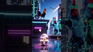 A futuristic cityscape  a martial arts rooster leaping between neon  #cartoon #combatsport #viral