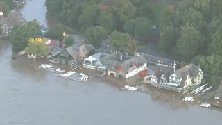Schuylkill River overflows, floods Philadelphia roadways