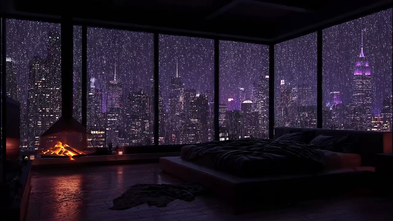 Slow Rain Over the City 🌧️ | Relaxing Piano Fireplace Vibes for Late Night Study and Sleep