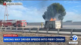 Multiple people hurt, truck engulfed in flames in wrong-way crash in San Fernando Valley