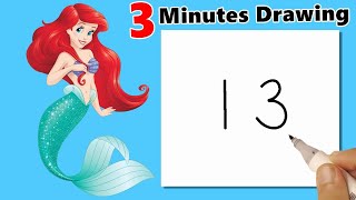 Disney Princess Ariel drawing with number 13 for beginners