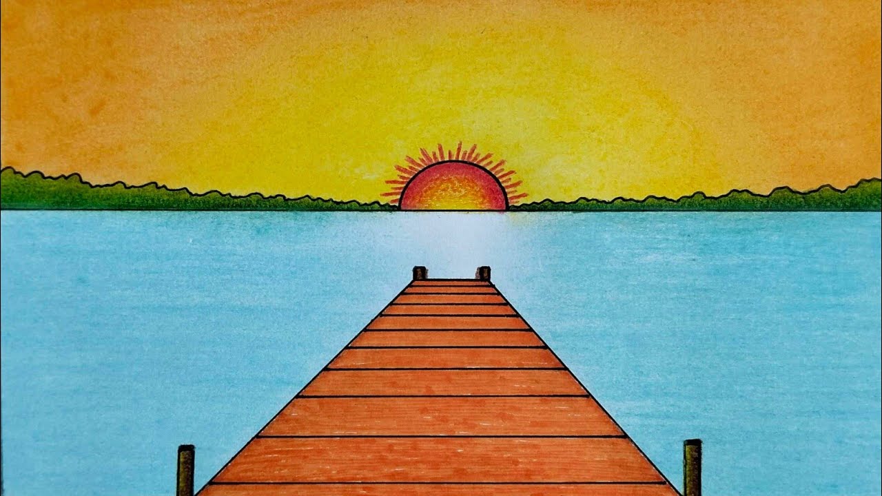 Amazing Riverside Village Scenery with Sunrise 🌅  | Prakritik Drishya Scenery Drawing