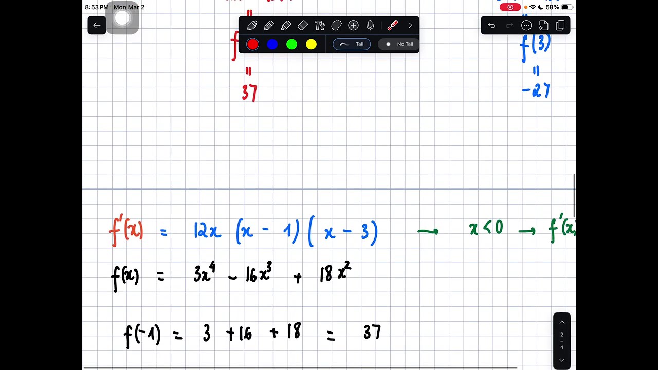 E3-01 Absolute maximum/minimum and local maximum/minimum f(x) = 3x^4 −16x^3 +18x^2 on [-1, 4]