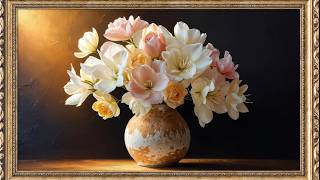 4K Soft Pastel Flower Ambience | Gold Frame Relaxing Floral Wall Art Ambience #030 screenshot 2