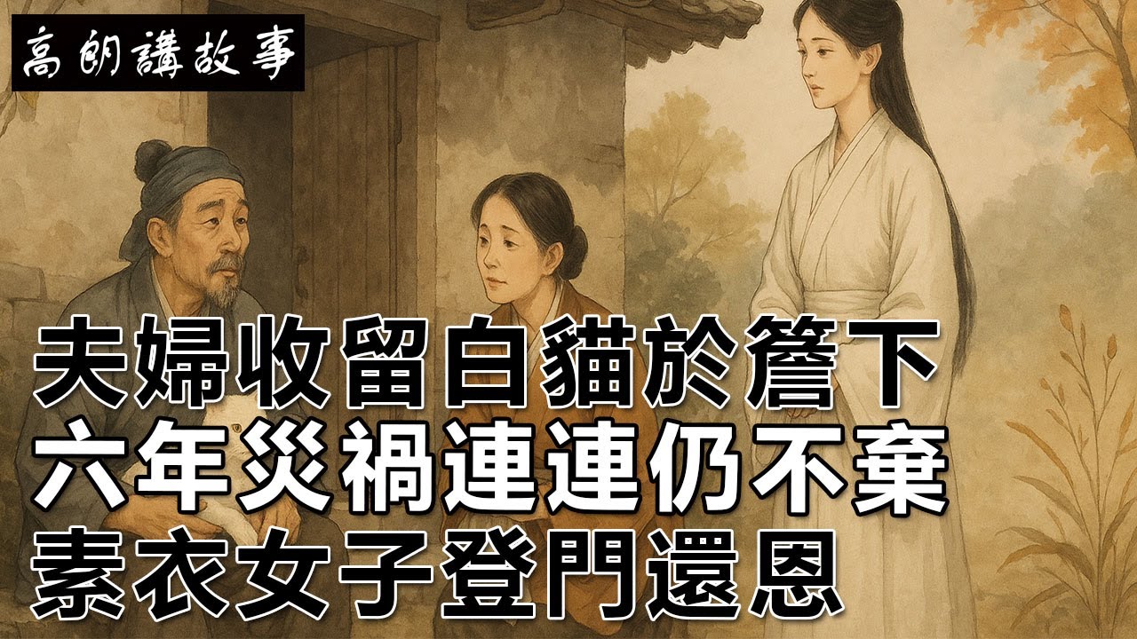 民間故事：夫婦收留白貓於簷下，六年災禍連連仍不棄，素衣女子登門還恩｜高朗講故事