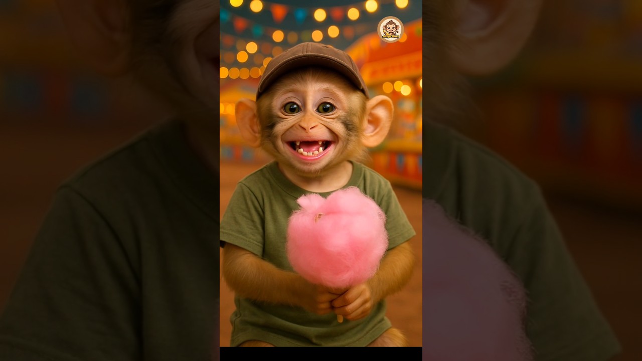 Baby Monkey’s Cute Expressions While Eating Pink Cotton Candy