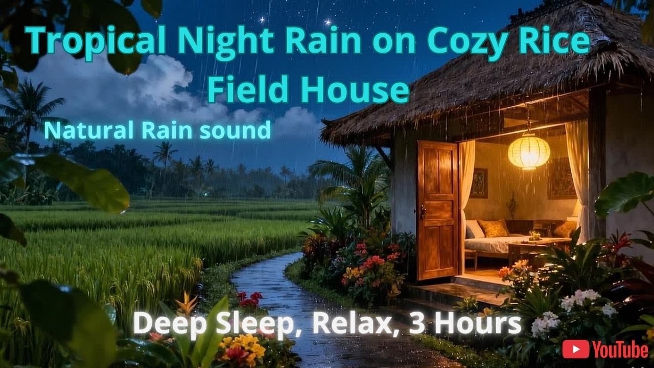 TROPICAL NIGHT RAIN on Cozy Rice Field House  Deep Sleep Relax +3 HR
