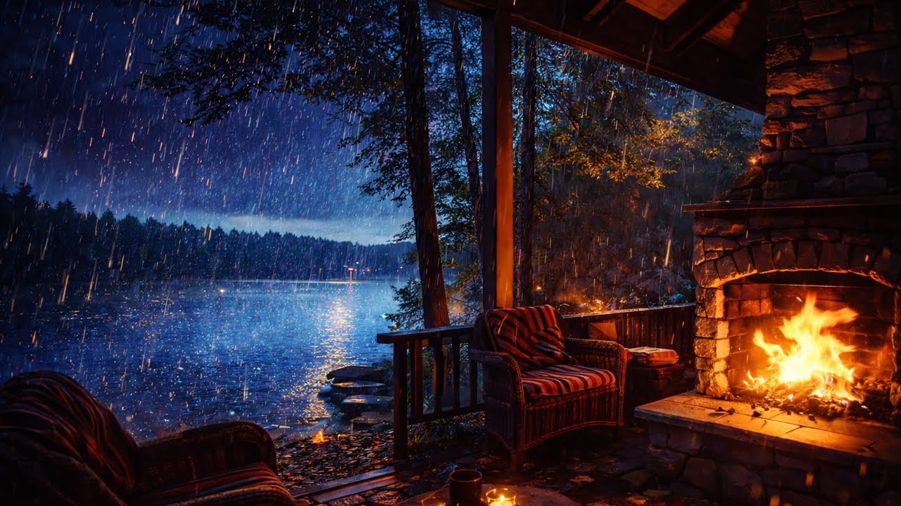 8 Hours of Rain by the Fireplace | Cozy Lake Cabin Ambience for Deep ...