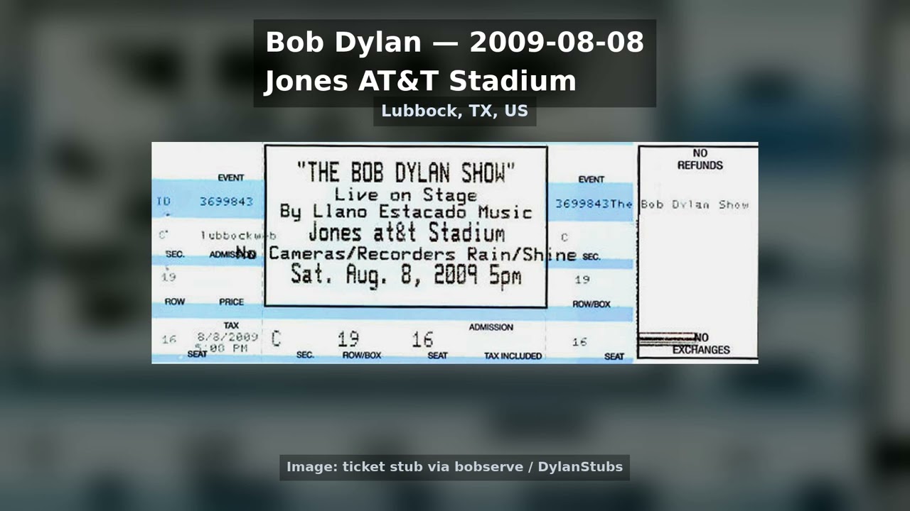 Watch Bob Dylan - 2009-08-08 - Jones AT&T Stadium, Lubbock, TX, US on YouTube Watch Bob Dylan - 2009-08-08 - Jones AT&T Stadium, Lubbock, TX, US on YouTube