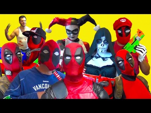 Deadpool & Harley Quinn Nerf War! Ft. Wolverine Real Life Superhero Movie - MELF