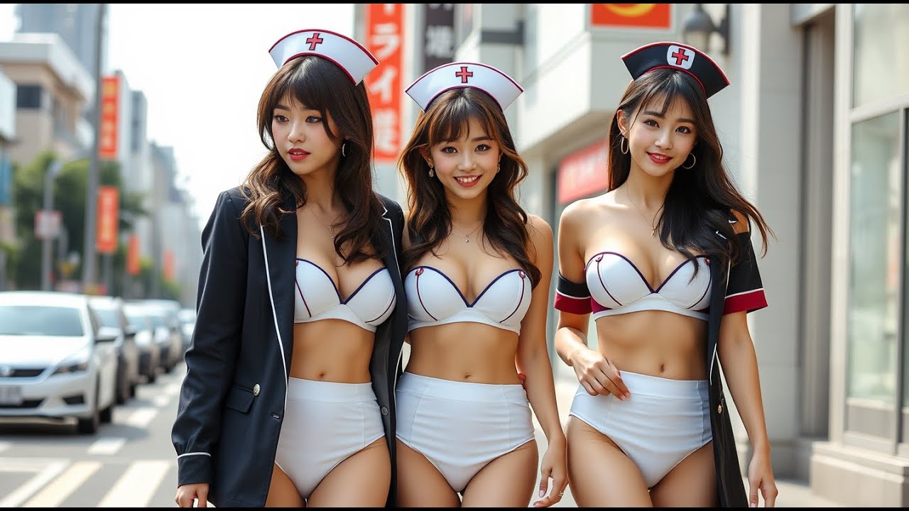 A beautiful girl walking on the street, dress street nurse fashion. Beauty, goddess