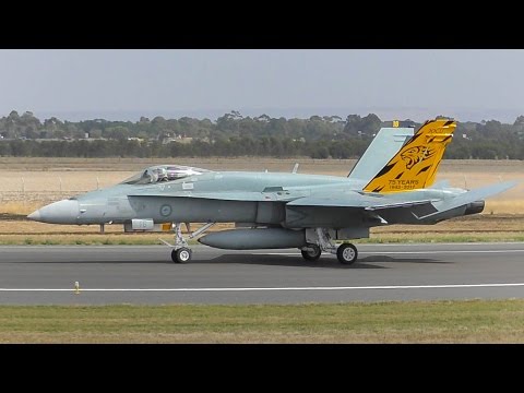 F/A-18A '75th Anniversary' & Hawk 127 Arrival at the 2017 Avalon Airshow after F-35 Photoshoot