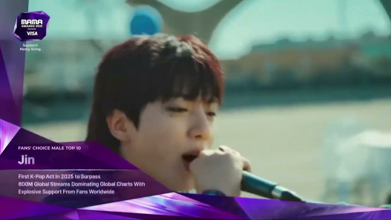 JIN has won the “Fan’s choice Award” Bonsang (Male Top 10) at the 2025 MAMA Awards! 