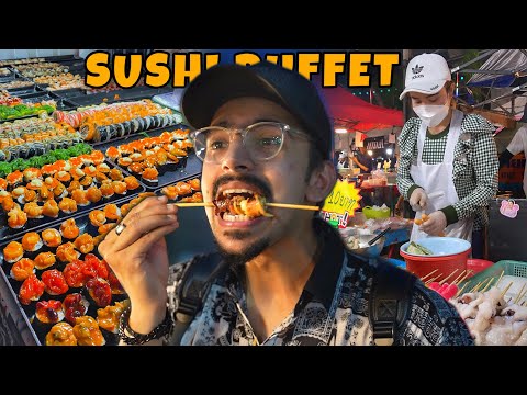 Thai Street Food Tour 🇹🇭 - Sushi Buffet & Korean Wings In Biggest Food Market Of Bangkok Thailand