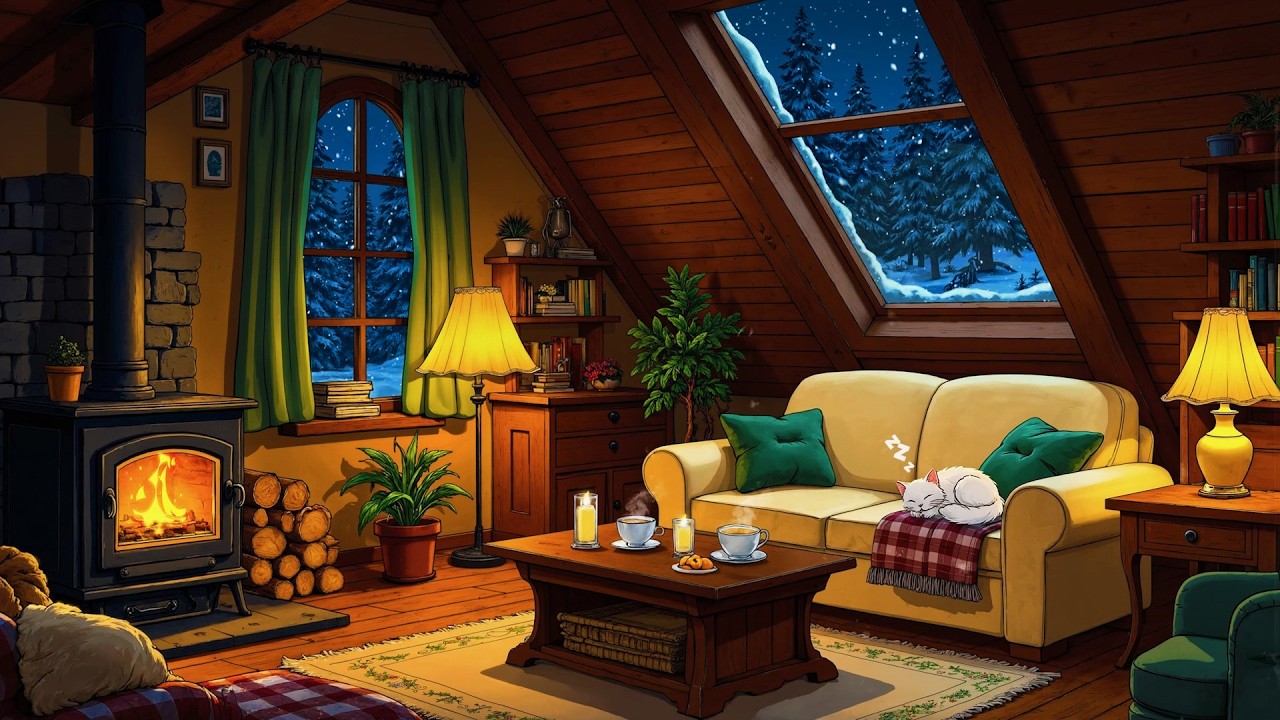lost in 1950's snowy night, with soft oldies playing in another room for relaxation, unwind