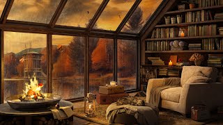 Autumn Cozy Lake Reading Ambience with Rain, Porch & Fireplace Sounds ? Gentle Jazz to Relax & Study