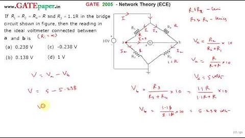 GATE 2005 ECE Find the Output voltage of unbalanced bridge with 10 volts input