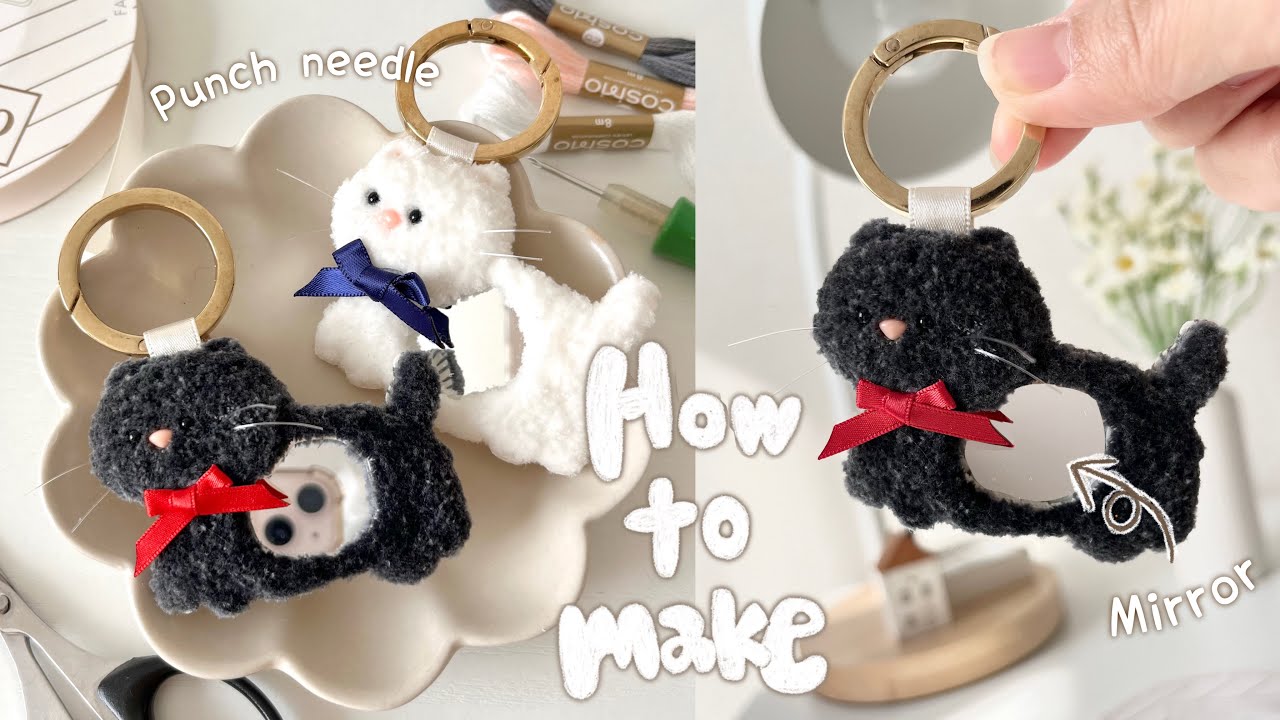 TikTok LIVE 円形マットとキーホルダーをセットで Making a Cute Cat Mirror Keychain with Punch Needle🐈‍⬛🎀 - YouTube