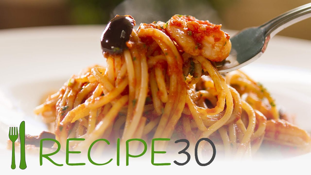 Spaghetti alla puttanesca with shrimp or prawn means whore spaghetti | Recipe30