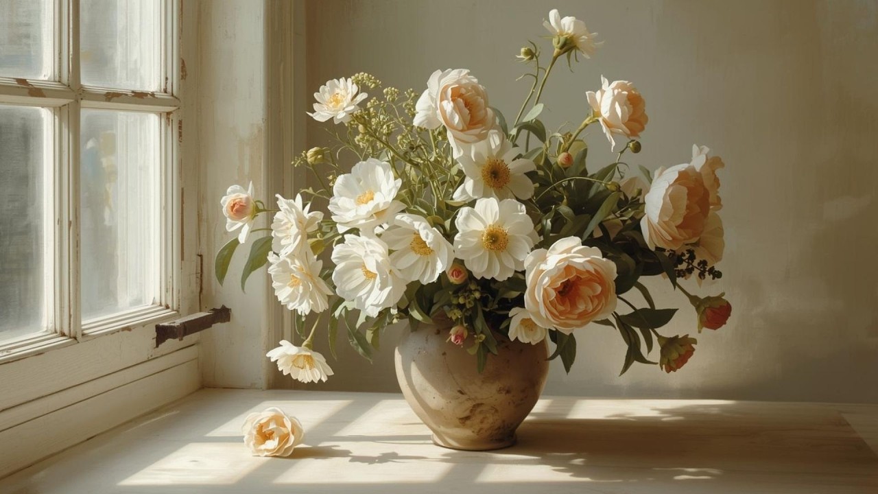 Vintage White & Blush Peony Flower Still Life Painting | Frame TV Art Display | 2-Hour Screensaver