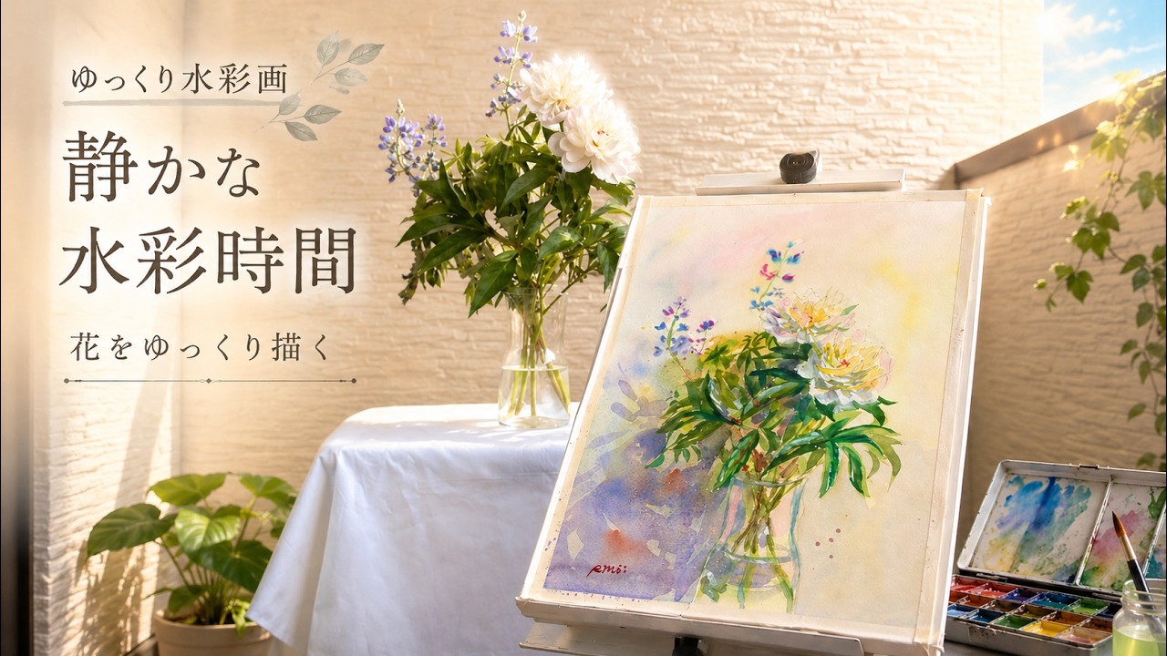 白い芍薬と初夏のルピナス｜静かな水彩時間【ゆっくり水彩画】 - YouTube