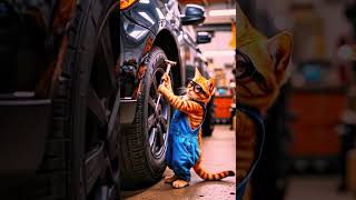Cat Mechanic Change the Flat Tire of Their Car on  Road!  🐾🚗💨  #cathardwork #funny #automobile #meme