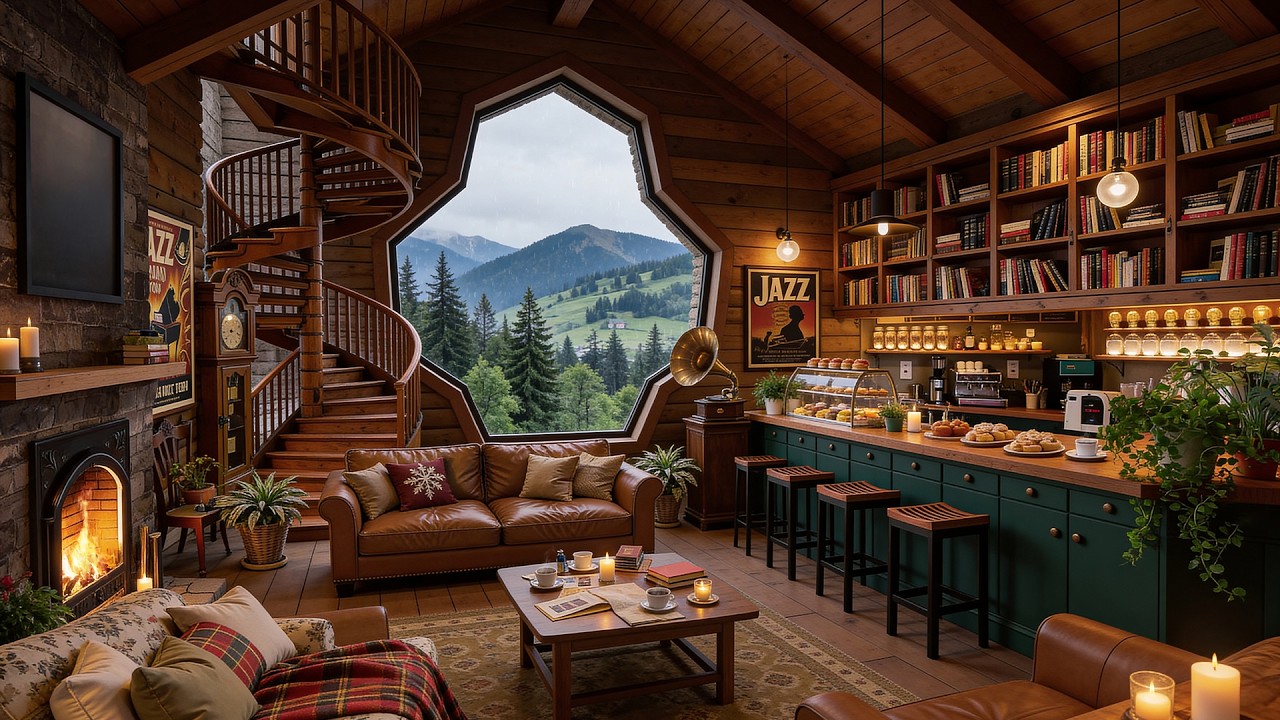 Cabin Rainy Day & Fireplace Sounds🎵 Peaceful Jazz Ambience for Studying and Stress Relief