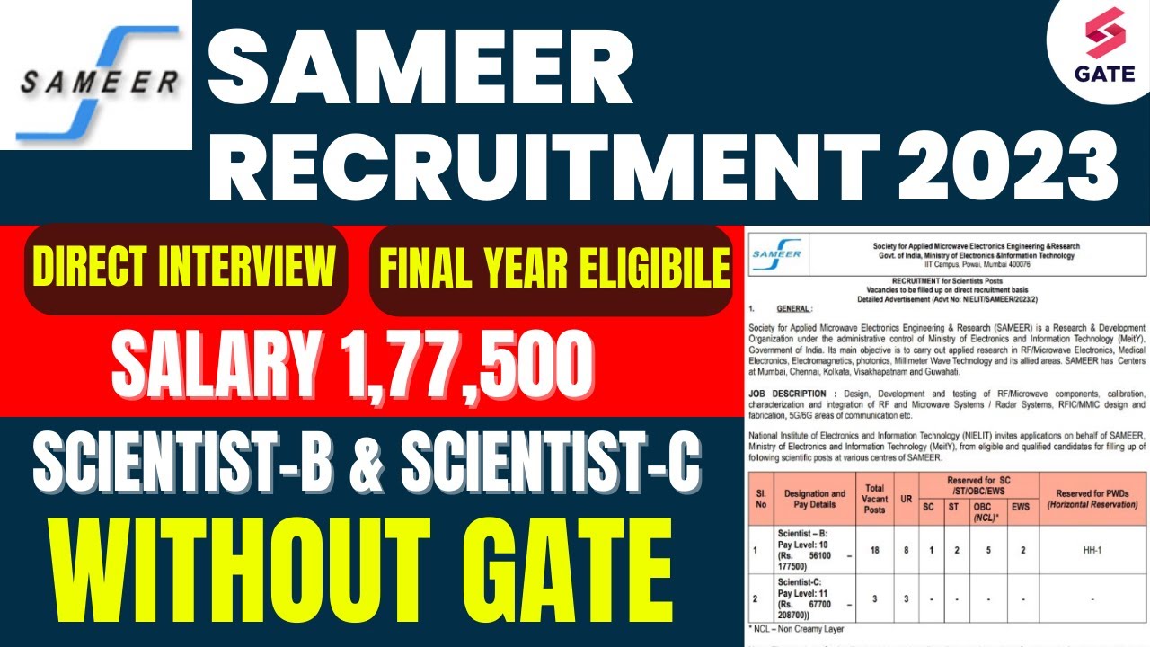 SAMEER Recruitment 2023 | Without GATE | Final Year Eligible | Salary ₹1,77,500 | Scientist-B & C