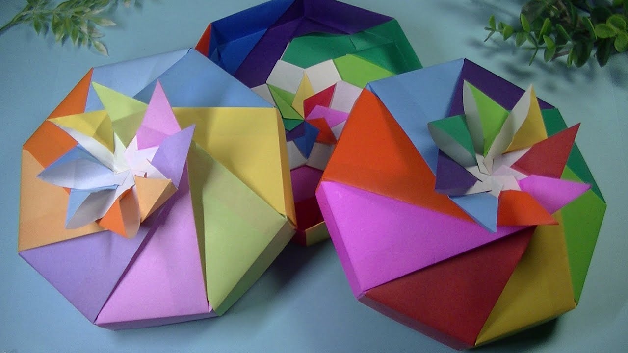 折り紙・箱と花飾りの蓋・16枚と糊を使います・Origami gift box・Mr coin origami channel１５