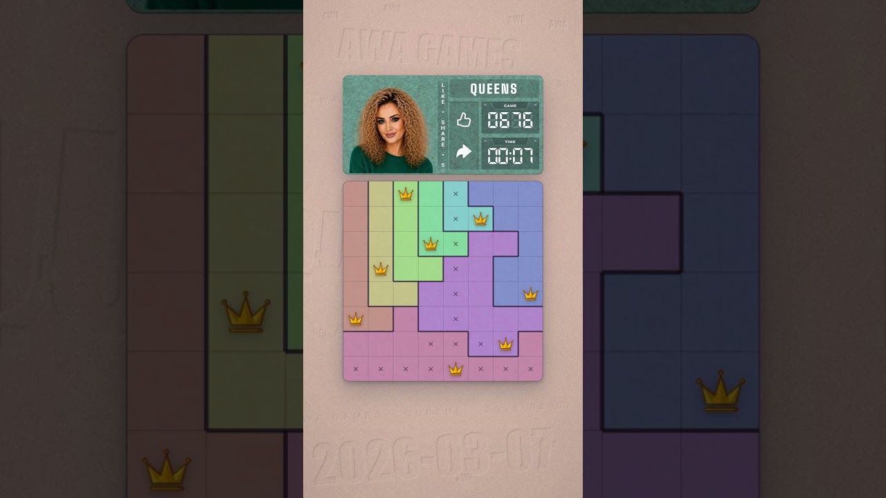 LinkedIn Queens #676 solved board for March 7, 2026, 8x8 grid