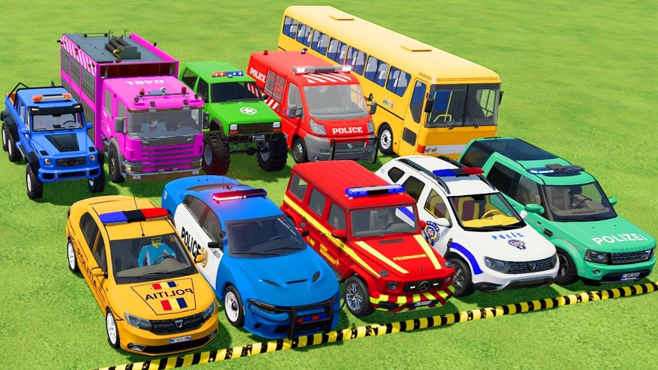 TRANSPORTING POLICE CARS, AMBULANCE, FIRE TRUCK, COLORFUL CARS WITH TRAIN -FARMING SIMULATOR 22!
