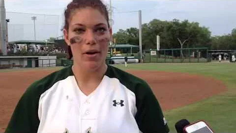 USF pitcher Sara Nevins talks after winning Big Ea...