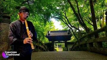 Waterfall sound in Old Temple + Japanese Traditional Flute, Music for Yoga, Meditation, Reiki, Zen