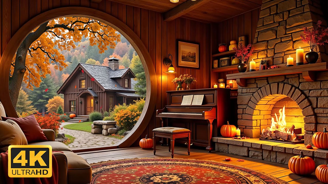 Autumn Piano Cabin 🍁 Cozy Fireplace & Gentle Piano Music for Relaxation ...