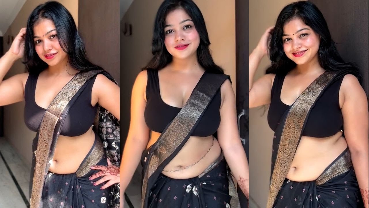 Low Hip Black Bridal Silk Saree Draping Style With Black Sleeveless Blouse \ High Saree Fashion