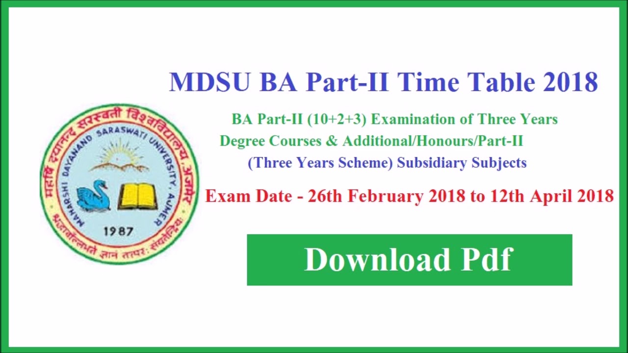 MDSU BA Part 2 Time Table 2018 - Download Pdf MDSU BA 2nd Year Exam Programme 2018