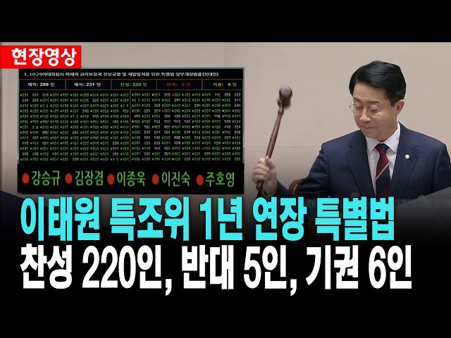 이태원 참사 특조위 1년 연장 특별법..찬성 220인, 반대 5인, 기권 6인 [26. 9. 3.]