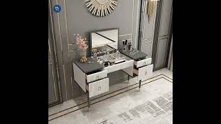 4Drawer Makeup Vanity Table with Flip Top Mirror With Chair White &amp; Gray
