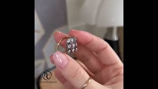 GR0673   Antique Checkered Design Two Tone Round & Asscher Cut White & Ruby Sapphire Cocktail Ring
