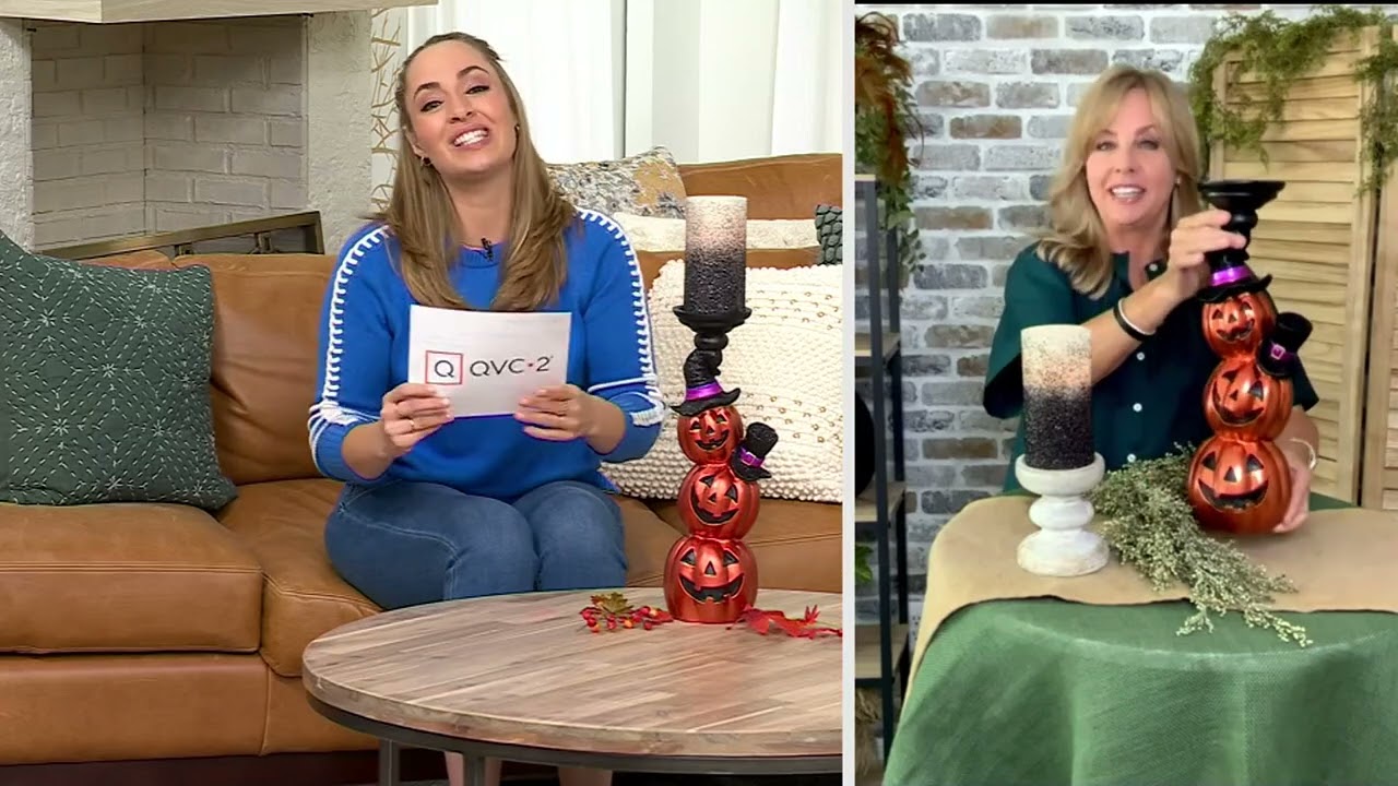 Hay &amp; Harvest Halloween Pillar Holder w/ Flameless Candle on QVC