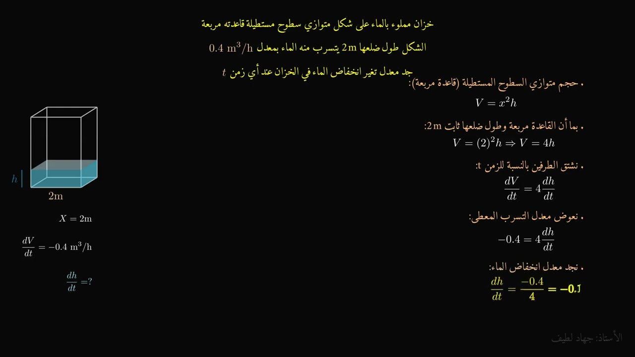 السادس العلمي/ المعدلات المرتبطة بالزمن/ سؤال الخزان 