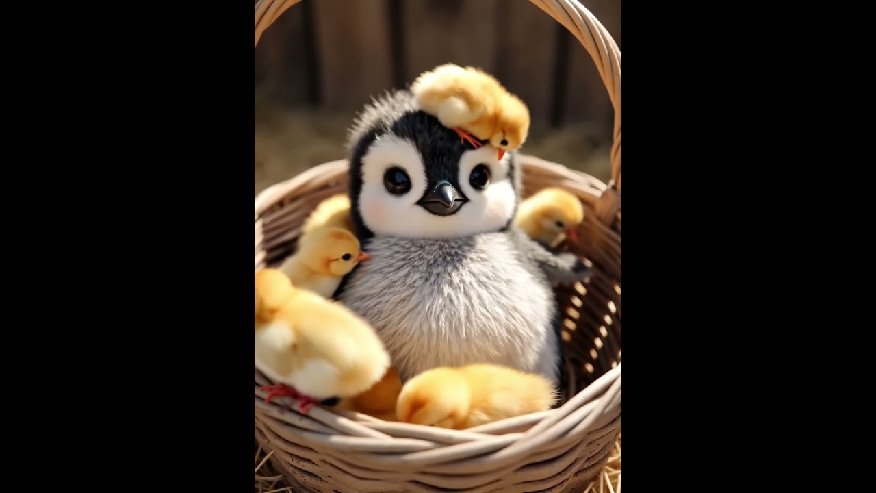 Baby Penguin loves his baby chick friends 🥰  