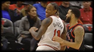 DeMar DeRozan Smiling after Fred VanVleet Drains the Contested 3 - Raptors vs Bulls