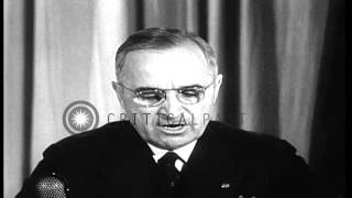 President Harry S. Truman announces surrender of Germany in World War II. Crowds ...HD Stock Footage