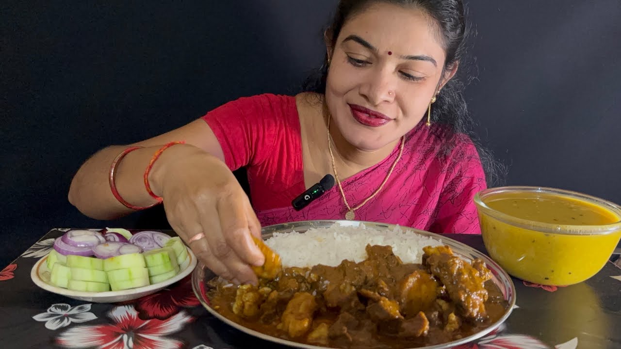 Eating,Rice,Dal,SpicyMuttoncurry🥵🔥And Salad🤤🤤 ￼