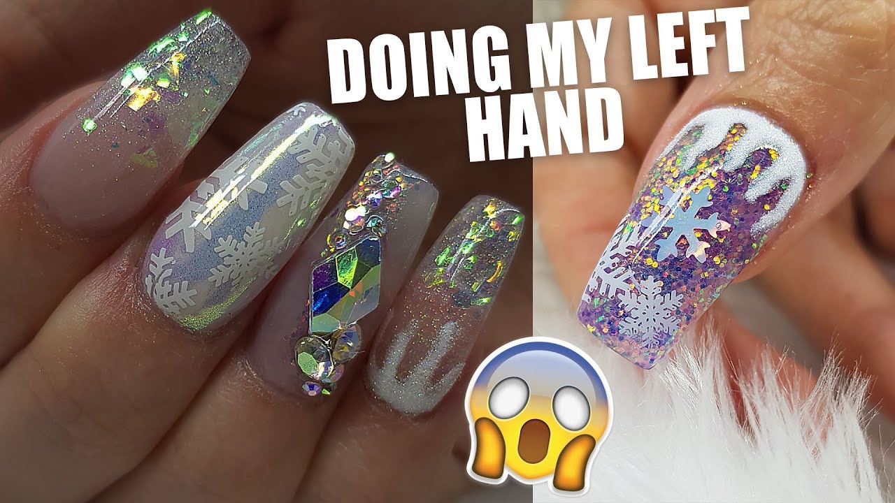 Acrylic Nails Using My BAD Hand Snow Flake Ice Nails Stamping