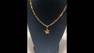 24”, 24k Gold, Small Figaro Chain Necklace W/ Small CZ Cannabis Leaf Pendant Read⬇️