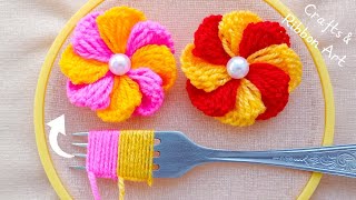 It's so Beautiful 💖🌟 Super Easy Woolen Flower Making Idea with Fork - DIY Hand Embroidery Flowers